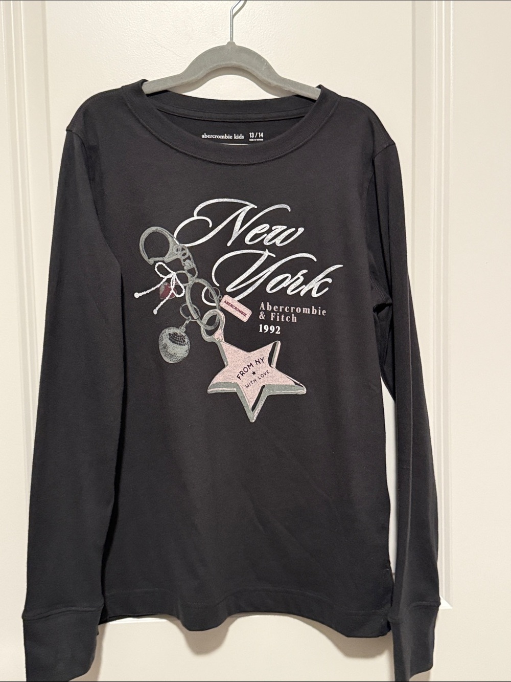 Abercrombie & Fitch Black Long-Sleeve New York Graphic Tee with Pink Accent